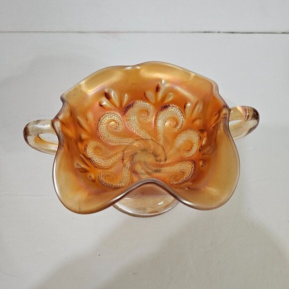 Vintage  Dugan Carnival Glass Question Mark Pattern Bon Bon Dish Double Handle - Picture 1 of 8